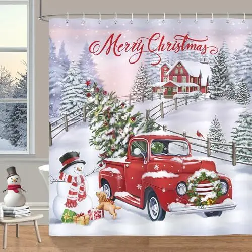 Produktbild: Bonhause Duschvorhang Weihnachten Rot LKW Xmas Baum Schneemann Winterurlaub Duschvorhänge 180 x 180 cm Anti-Schimmel Wasserdicht Polyester Stoff Waschbar Bad Vorhäng für Badzimmer mit 12 Haken