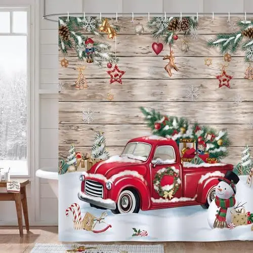 Produktbild: Bonhause Duschvorhang Weihnachten Roter LKW Weihnachtsbaum Schneemann Duschvorhänge 180 x 180 cm Anti-Schimmel Wasserdicht Polyester Stoff Waschbar Bad Vorhäng für Badzimmer mit 12 Haken