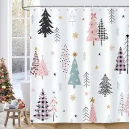 Produktbild: Bonhause Duschvorhang Weihnachtsbaum Rosa Xmas Baum Schneeflocke Winterurlaub Duschvorhänge 180 x 180 cm Anti-Schimmel Wasserdicht Polyester Stoff Waschbar Bad Vorhäng für Badzimmer mit 12 Haken