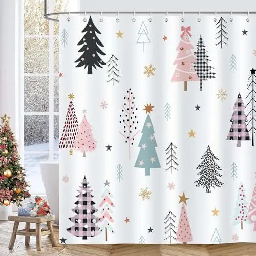 Produktbild: Bonhause Duschvorhang Weihnachtsbaum Rosa Xmas Baum Schneeflocke Winterurlaub Duschvorhänge 180 x 180 cm Anti-Schimmel Wasserdicht Polyester Stoff Waschbar Bad Vorhäng für Badzimmer mit 12 Haken