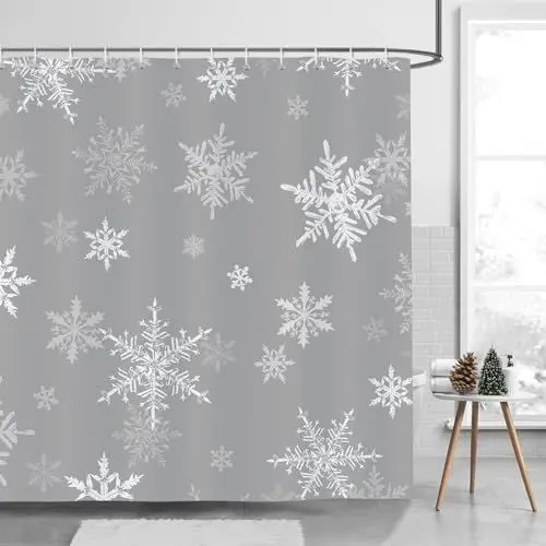Produktbild: Bonhause Duschvorhang Winter Schneeflocken Weihnachten Grau Duschvorhänge 180 x 180 cm Anti-Schimmel Wasserdicht Polyester Stoff Waschbar Bad Vorhäng für Badzimmer mit 12 Haken