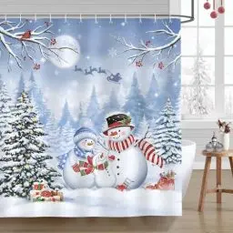 Produktbild: Bonhause Duschvorhang Winter Weihnachten Schneemann Kiefern Kardinal Duschvorhänge 180 x 180 cm Anti-Schimmel Wasserdicht Polyester Stoff Waschbar Bad Vorhäng für Badzimmer mit 12 Haken