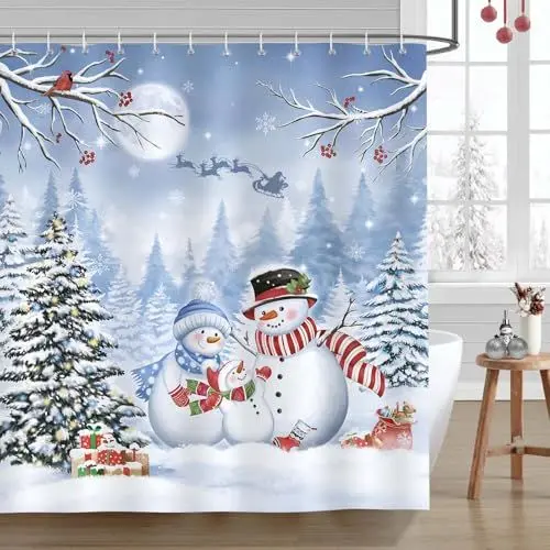 Produktbild: Bonhause Duschvorhang Winter Weihnachten Schneemann Kiefern Kardinal Duschvorhänge 180 x 180 cm Anti-Schimmel Wasserdicht Polyester Stoff Waschbar Bad Vorhäng für Badzimmer mit 12 Haken