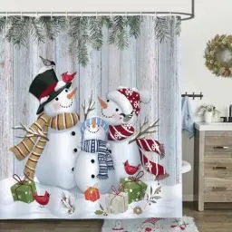 Produktbild: Bonhause Duschvorhang Winter Weihnachten Schneemann Kiefernzweige Duschvorhänge 180 x 180 cm Anti-Schimmel Wasserdicht Polyester Stoff Waschbar Bad Vorhäng für Badzimmer mit 12 Haken