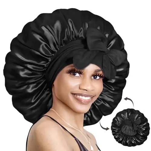 Produktbild: BONNET QUEEN Reversible Satin Seiden Schlafmütze Doppelschicht Verstellbar Damen Herrn Nacht Haarpflege Kosmetik Schutz Kopfhaube für Lockiges Lange Haaren Glatt(Schwarz,L)
