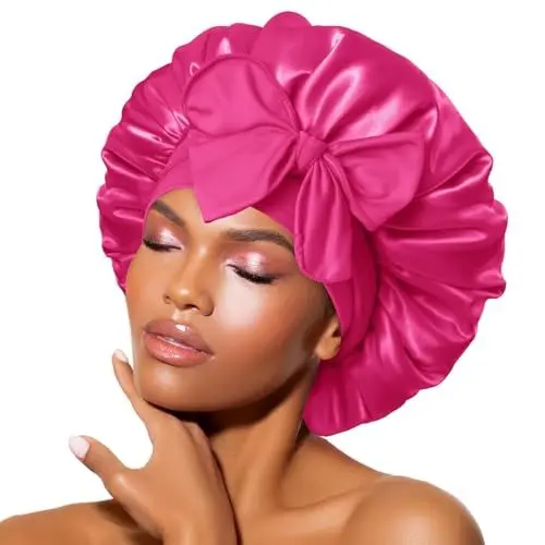 Produktbild: BONNET QUEEN Satin Seiden Schlafmütze Verstellbar Damen Herrn Motorhauben Nacht Haarpflege Schutz Kopfhaube für Lockiges Lange Haaren Glatt Atmungsaktiv(M,Babierosa)