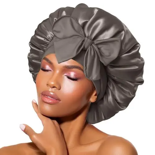 Produktbild: BONNET QUEEN Satin Seiden Schlafmütze Verstellbar Damen Herrn Motorhauben Nacht Haarpflege Schutz Kopfhaube für Lockiges Lange Haaren Glatt Atmungsaktiv(M,Graulila)