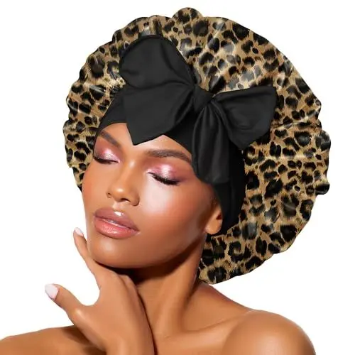Produktbild: BONNET QUEEN Satin Seiden Schlafmütze Verstellbar Damen Herrn Motorhauben Nacht Haarpflege Schutz Kopfhaube für Lockiges Lange Haaren Glatt Atmungsaktiv(M,Leopard)