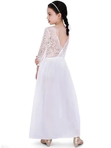 Produktbild: BONNY BILLY Mädchen Kleider Langarm Rückenfrei Spitze Tüll Festlich Hochzeit Ballkleid Abendkleid Blumenmädchen Kleid 4 Jahre/104 Weiss