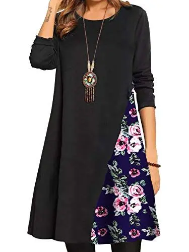 Produktbild: BONNY BILLY Damen Kleider Langarm Blumen Elegant Kurz T-Shirt Freizeitkleid Winterkleid 38 40 M Blau-2