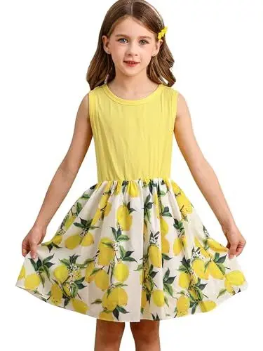 Produktbild: BONNY BILLY Mädchen Kleider Ärmellos Zitrone Kinder Freizeitkleid Strandkleid Sommerkleid 10-11 Jahre/140-146 Gelb-1