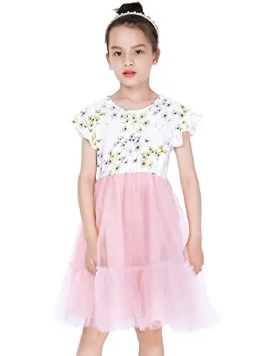 Produktbild: BONNY BILLY Mädchen Kleider Blumen Jersey Glitzer Tüllrock Kinderkleid Sommerkleid mit Rüschen 4-5 Jahre/104-110 Rosa