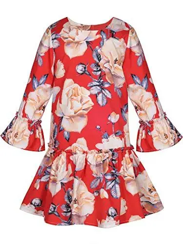 Produktbild: BONNY BILLY Mädchen Kleider Elegant Blumen Kurz Herbst Winter Kinder Kleid mit Rüschen 10-11 Jahre/140-146 Rot