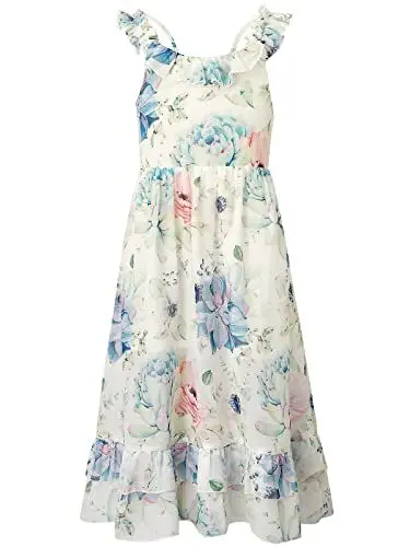Produktbild: BONNY BILLY Mädchen Kleider Freizeit Blumen Sommerkleid Strandkleid Chiffonkleid Maxikleid mit Rüschen 8-9 Jahre/128-134 Blumen-2