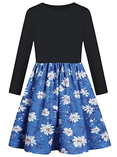 Produktbild: BONNY BILLY Mädchen Kleider Langarm Blumen Baumwolle Jersey Herbst Winter Kinder Kleid 10-11 Jahre/140-146 Blau-2