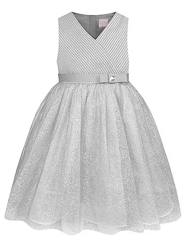 Produktbild: BONNY BILLY Mädchen Kleider V-Ausschnitt Glitzer Tüll Hochzeit Festlich Elegant Abendkleid Ballkleid 10-11 Jahre/140-146 Silber