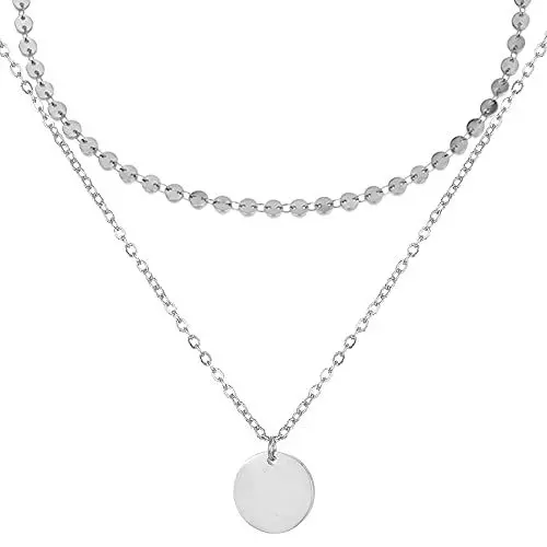 Produktbild: BONNYBIRD® Boho Kette Silber Damen Edelstahl Schmuck Silberkette Frauen Ketten Set Layering Halskette Wasserfest mit Anhänger Plättchen Doppelkette Bohemian Silberschmuck