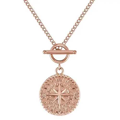Produktbild: BONNYBIRD® Kompass Kette Damen Rosegold Edelstahl Halskette mit Anhänger Wasserfest Knebelverschluss Goldkette Schmuck Frauen Coin Panzerkette Vergoldet Goldschmuck Layering Sommer Accessoire