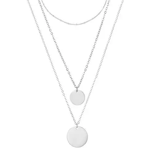 Produktbild: BONNYBIRD® Ketten Set Silber Kette mit Plättchen Layering Kette Damen Edelstahl, Anhänger Kette Silber Multi Chain Halsketten Set Silberkette Damen