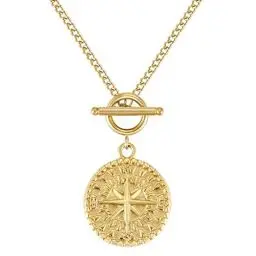 Produktbild: BONNYBIRD® Kompass Kette Damen Gold - Edelstahl Kette Kompass Anhänger Kette mit Knebelverschluss Goldkette Damen Anhänger Kompass Gold Coin Kette