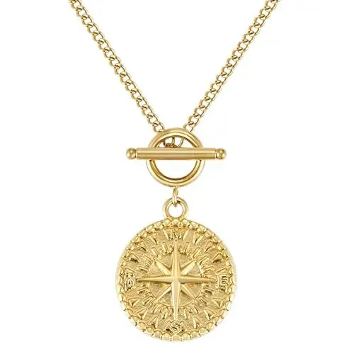 Produktbild: BONNYBIRD® Kompass Kette Damen Gold - Edelstahl Kette Kompass Anhänger Kette mit Knebelverschluss Goldkette Damen Anhänger Kompass Gold Coin Kette