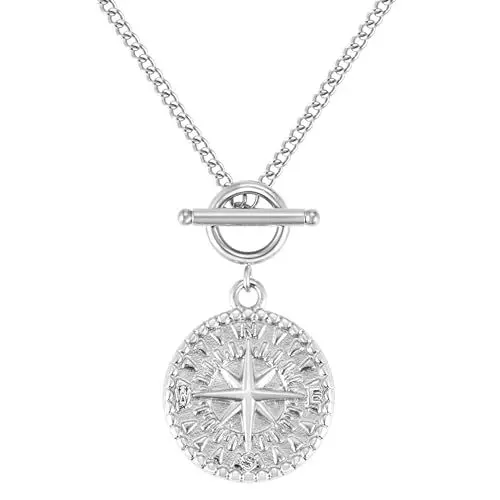 Produktbild: BONNYBIRD® Kompass Kette Damen Silber Edelstahl Halskette mit Anhänger Wasserfest Knebelverschluss Silberkette Schmuck Frauen Coin Panzerkette Silberschmuck Layering Sommer Accessoire