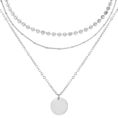 Produktbild: BONNYBIRD® Layering Ketten Set Silber - Boho Kette Damen Anhänger Kette Silber Kette Mehrreihig Dreifach Kette Edelstahl Mehrreihige Kette mit Anhänger