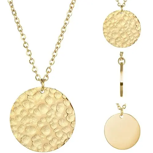 Produktbild: BONNYBIRD® Platten Kette Gold Damen - Halskette mit Platte Gold, Coin Kette mit Plättchen Anhänger Gehämmert, Runde Goldkette Damen Edelstahl