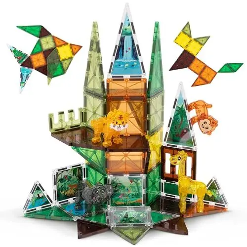 Produktbild: BONNYCO Magnetische Bausteine Kinder mit Tierfiguren 50 STK Magnet Bausteine mit Illustrationen, Pädagogische Magnetic Tiles | Geschenke für Kinder, Magneten Spielzeug Jungen Mädchen, Weihnachten