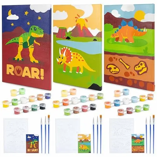 Produktbild: BONNYCO Malen nach Zahlen Kinder Dinosaurier 3 Stück Dinosaurier Geschenke für Kinder, Dino Bastelset Jungen Mädchen, Malen nach Zahlen mit Rahmen, Paint by Numbers | Dino Geschenk, Kreativ Set