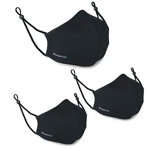 Produktbild: BONNYCO Stoffmasken Mundschutz - Set 3 Maske Schwarz Mund Nasen Schutzmaske Zertifikat UNE 0065 - Stoffmasken Mundschutz Waschbar Einstellbar Zugelassen mit 3 Schichten bis zu 50x Waschbar