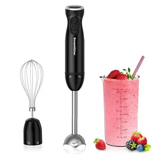 Produktbild: Bonsenkitchen 3 in 1 Elektrischer Stabmixer, 1000W Pürierstab Mit Messbecher und Schneebesen Stufenlose Geschwindigkeitsregelung für Milchshake, Püree, Sauce, HB3202 (Schwarz)