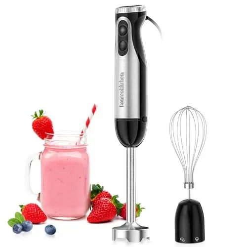 Produktbild: Bonsenkitchen Pürierstab, 2 en 1 Stabmixer Elektrischer, 20 Stufenlos Geschwindigkeiten, Edelstahl Schneebesen für Suppe, Smoothie, Püree, Babynahrung, Schwarz