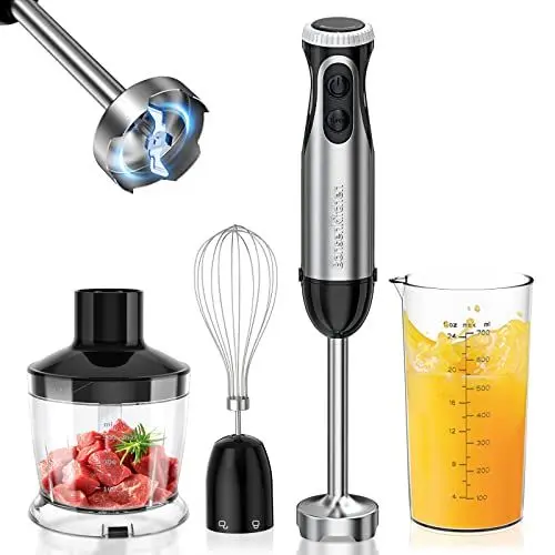 Produktbild: Bonsenkitchen Pürierstab, 4-en-1 Stabmixer Elektrischer, 1000W Stufenlos Geschwindigkeiten, Edelstahl, Schneebesen, 500ml Häcksler und 700ml Messbecher für Babynahrung, HB3203 (Schwarz)