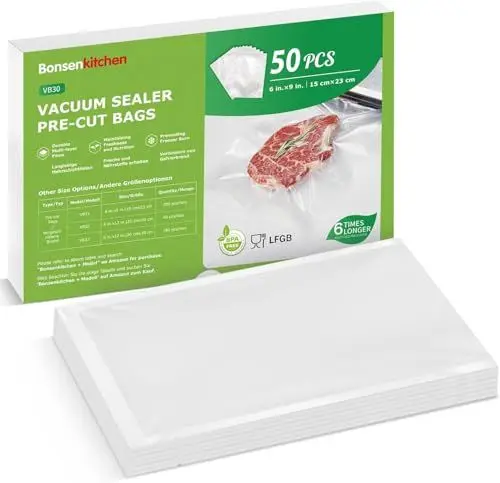 Produktbild: Bonsenkitchen Vakuumierbeutel 15x23cm, 50 Beutel Profi-Folienbeutel für alle Vakuumiergerät, Vakuumbeutel für lebensmittel, Sous Vide Gefrierbeutel, Einschweissbeutel, BPA-frei, VB30