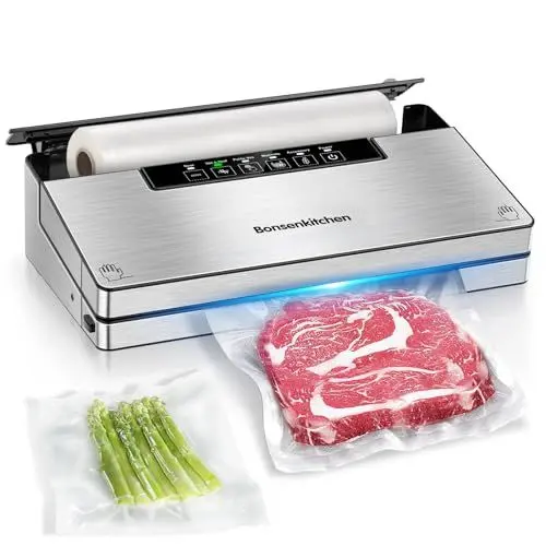 Produktbild: Bonsenkitchen Vakuumierer, Stark Vakuumiergerät mit 5 Modi, 8 L/Min, Globefish-Technologie für Kontinuierliches Arbeiten mit Hoher Geschwindigkeit, Schnelles Vakuum, Rollenaufbewahrung mit Cutter,125W