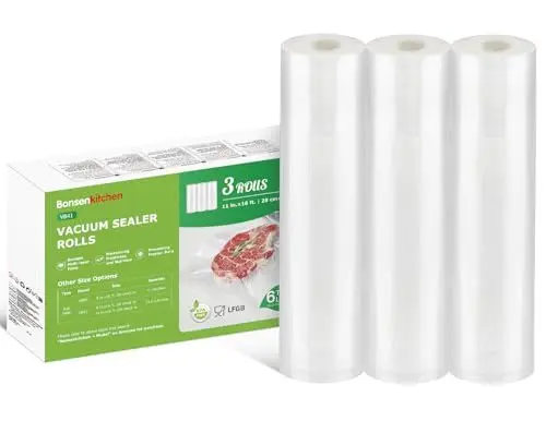 Produktbild: Bonsenkitchen Vakuumrollen 3 Rollen 28 cm x 5 m Vakuumierfolie - Profi Vakuumbeutel für Lebensmittel Vakuumiergerät, Kochfest und Sous Vide Gefrierbeutel, BPA-frei, VB41