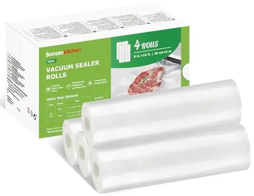 Produktbild: Bonsenkitchen Vakuumrollen 4 Rollen 20cmx5m Vakuumierfolie - Profi Vakuumbeutel für Vakuumierer & Lebensmittel Vakuumiergerät, Kochfest und Sous Vide Gefrierbeutel, BPA-frei, VB40