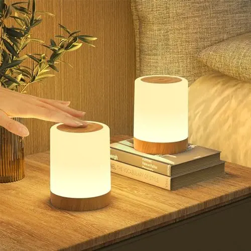 Produktbild: LED Nachttischlampe Touch Dimmbar mit 256 RGB Farben & 3 Modi, Nachtlicht Kinder USB Aufladbar mit Timing & Memory Funktion, Holzmaserung Tischlampe Kabellos für deko Schlafzimmer Wohnzimmer (2)