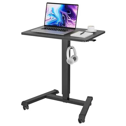 Produktbild: BONTEC 65×45cm Stehpult Höhenverstellbarer Schreibtisch/Mobiler Stehtisch mit 4 Rollen, Steh-Sitz Schreibtisch mit Rädern, Überbett-Tisch für Wohnzimmer, Max 15KG,Schwarz