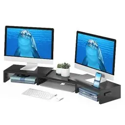 Produktbild: BONTEC Dual Monitor Stand Riser, Desktop Monitorständer mit Smartphone-Halter, Verstellbare Länge und Schwenkwinkel Holz Desktop Organizer, für PC Monitor Laptop Drucker