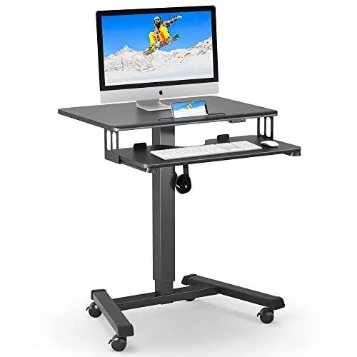 Produktbild: BONTEC Mobiler Schreibtisch mit 4 Rollen, Stehpult Höhenverstellbar 65×45cm Mobile Workstation, Laptoptisch mit Tastaturablage, Stehtisch für Wohnzimmer, Schlafzimmer