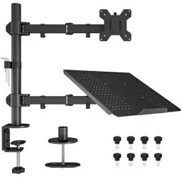 Produktbild: BONTEC Monitor Halterung mit Laptop Arm für 13-32 Zoll LCD LED Bildschirm bis zu 15,6“ Notebook, Neigbare, Drehbare, Monitor Laptop Halterung Schreibtisch mit Klammer, VESA 75x75-100x100mm