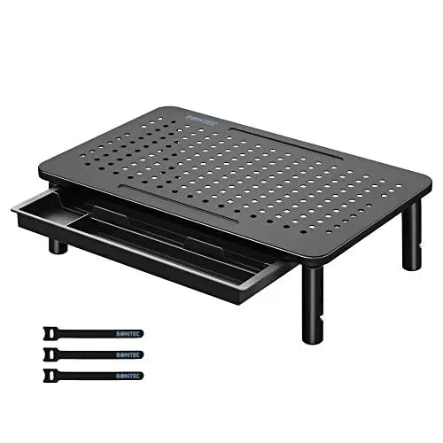 Produktbild: BONTEC Monitorständer mit Schublade, 3 Höhenverstellbarer Monitor Ständer für Schreibtisch mit Mesh-Plattform für Monitor, Laptop, Computer, iMac, Drucker bis 20 kg, Kabelbinder inklusive
