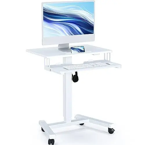 Produktbild: BONTEC Schreibtisch Höhenverstellbar mit Tastaturablage, mobiles Podium, Computer-Workstation bis zu 15 kg, Laptop-Sitz- oder Stehschreibtisch auf Rädern, höhenverstellbarer Stehtischm, Weiß