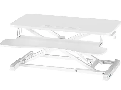 Produktbild: BONTEC Steh-Sitz Schreibtisch Steharbeitsplatz Stehpult Standtisch Ergonomische Höhenverstellbar für PC-Computerbildschirm, Laptop | 80x40cm Plattform mit Tastaturablage, 15 kg Kapazität, Weiß
