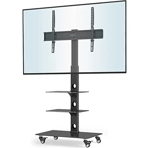 Produktbild: BONTEC TV-Ständer mit Rollen für 30-70 Zoll Plasma-/LCD-/LED-Bildschirme bis 40 kg, 6 Höhenverstellungen mit 3-stufigen Ablagen aus gehärtetem Glas, MAX VESA 600 x 400 mm