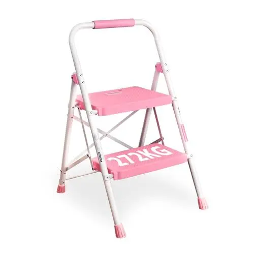 Produktbild: BONTEC Trittleiter 2 Stufen Klappbar, 150kg Kapazität mit Breiten Anti-Rutsch-Pedalen, Faltbarer Stahl-Tritthocker, Schwamm-Lenker, Zuhause, Speisekammer, Innen- und Außenbereich, Rosa