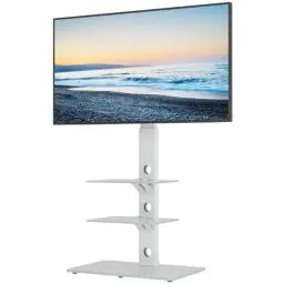 Produktbild: BONTEC Universeller Boden-TV-Ständer in Weiß für 30-70 Zoll LED/OLED/LCD/Plasma-Bildschirme, Höhenverstellbar, mit 3 Ebenen aus Gehärtetem Glas, Traglast bis 40kg, Max. VESA 600x400mm