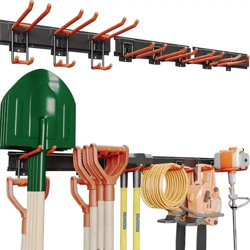 Produktbild: BONTEC Wandmontierter Werkzeughalter, 294kg Tragfähigkeit, 3 Rail Panels, Verstellbare Garage Wandregale mit 8 Haken, Gartenwerkzeug Aufbewahrung, Werkstatt Organizer,Stabil und Rostbeständig,Orange